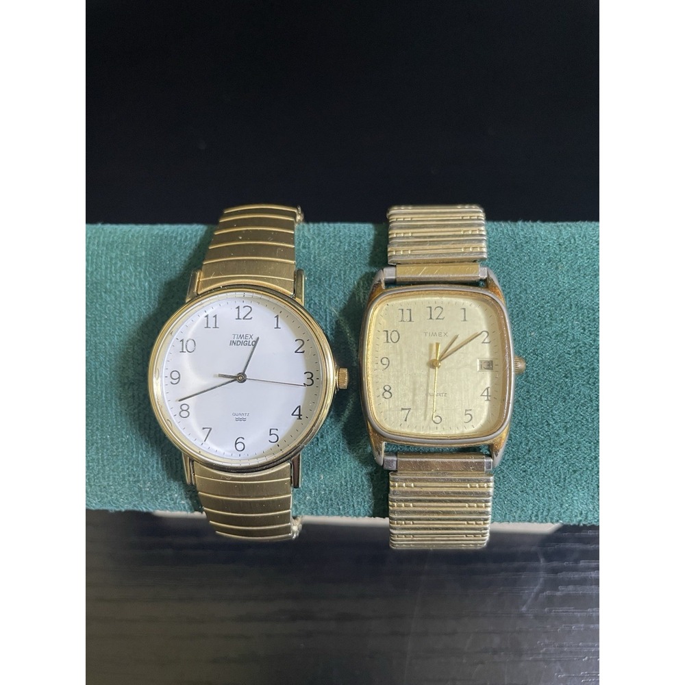 Vintage Timex Quartz Watch Lot Gold Tone Indiglo Date Stretch Bands Parts